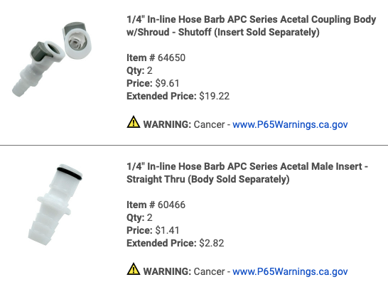 A screenshot of the products we ordered from US Plastics that were not correct for the FAST shirt but likely work for the Cool Shirt setups. More info below.