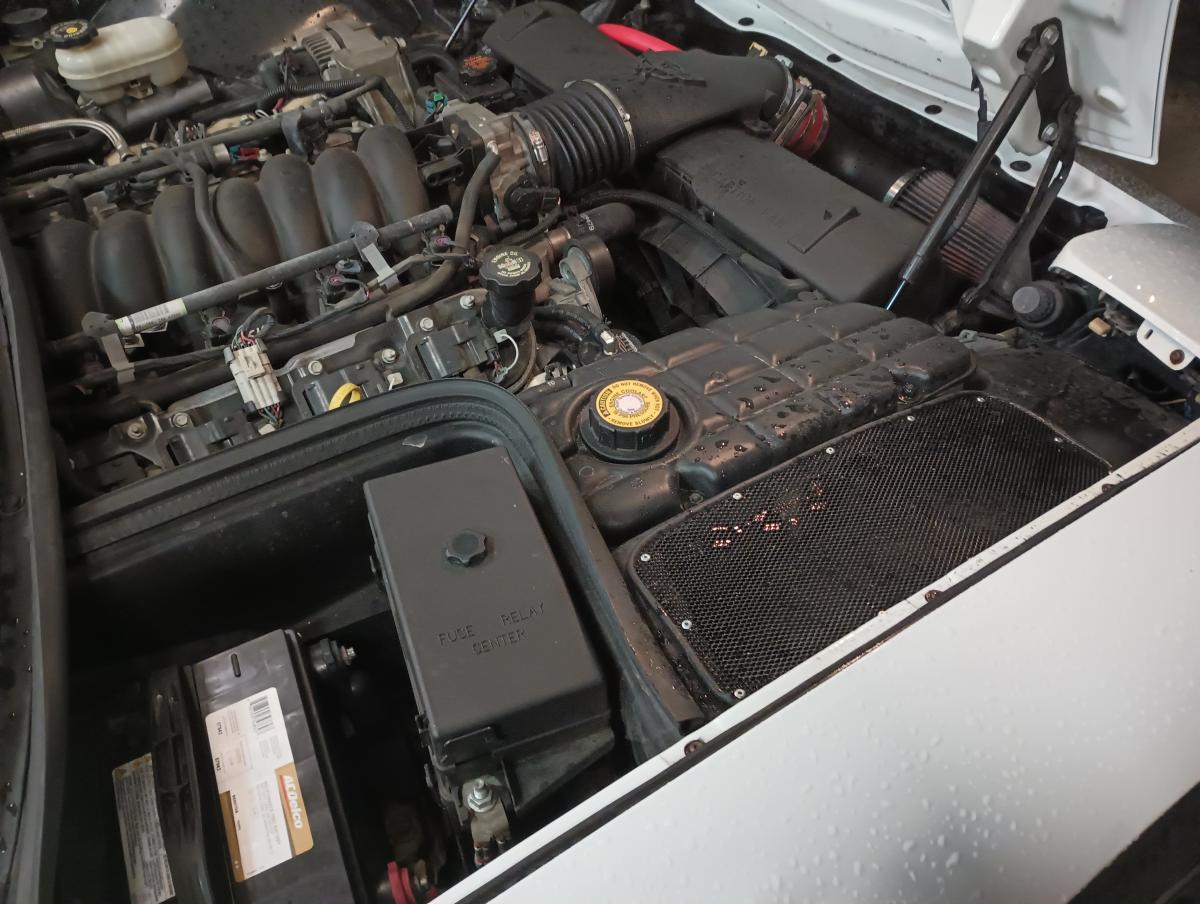 C5 engine bay with wheel well vents after having been driven in the rain. The amount of spray in the engine bay is not all that bad.