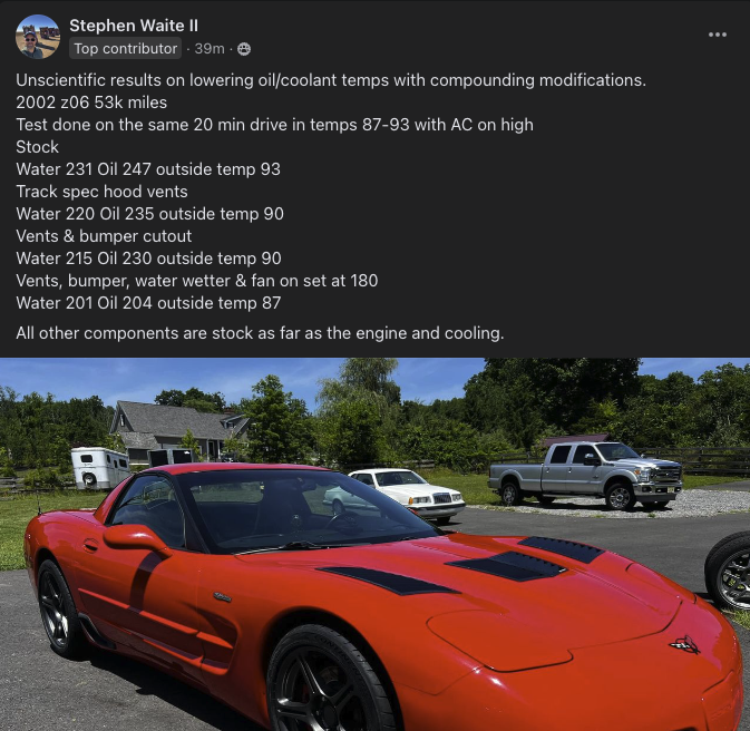 A facebook post from Stephen Waite II demonstrating various modifications and their affects on cooling, namely showing hood vents, water wetter, and adjusting fan temps reduces operating temperatures.