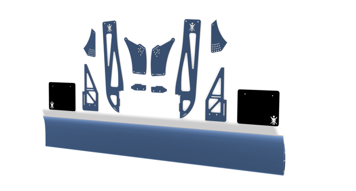 A picture of the 9 Lives Racing C5/6 Express DIY Chassis Mounted Wing Kit, with all the parts laid out flat.