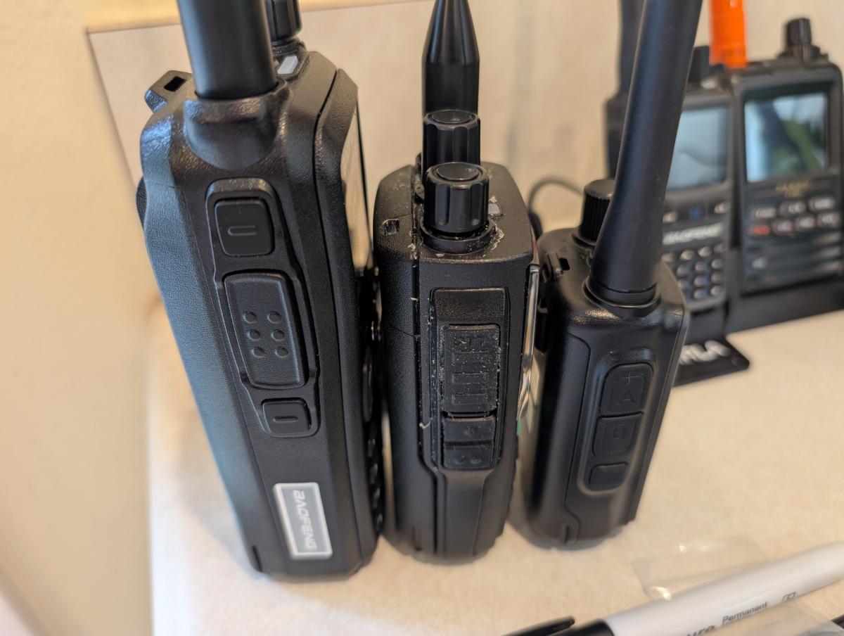 A side by side shot of the Baofeng UV-28+, the UV-22 and the UV-5R mini
