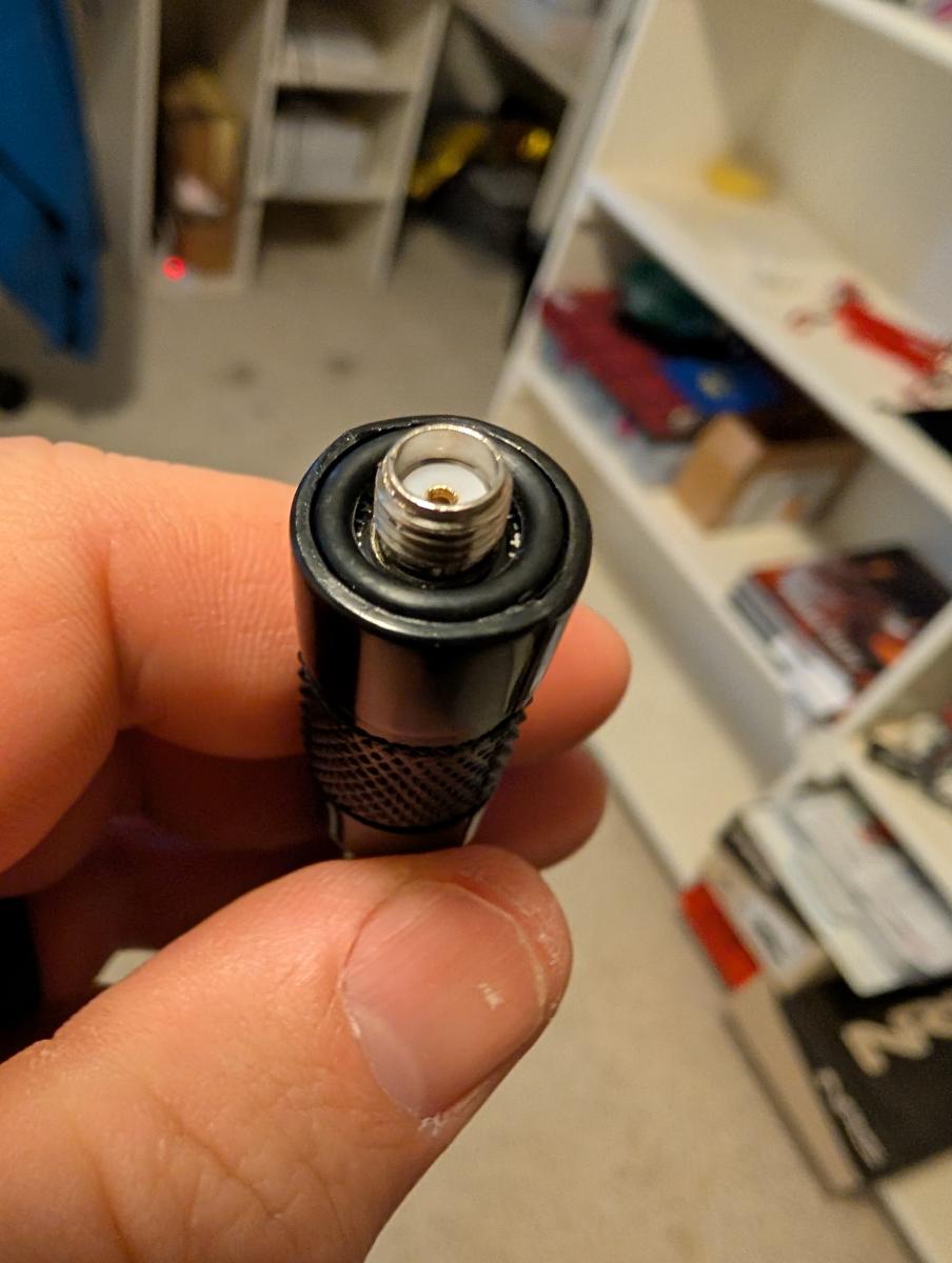 A Baofeng antenna for the Baofeng UV-22 with an o-ring put in it to help seal against water intrusion.