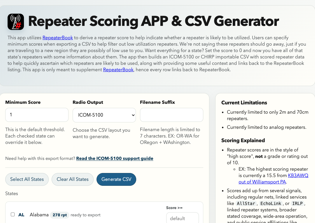 A screenshot of repeater-scores.app, a useful app for helping find high traffic and use repeaters.