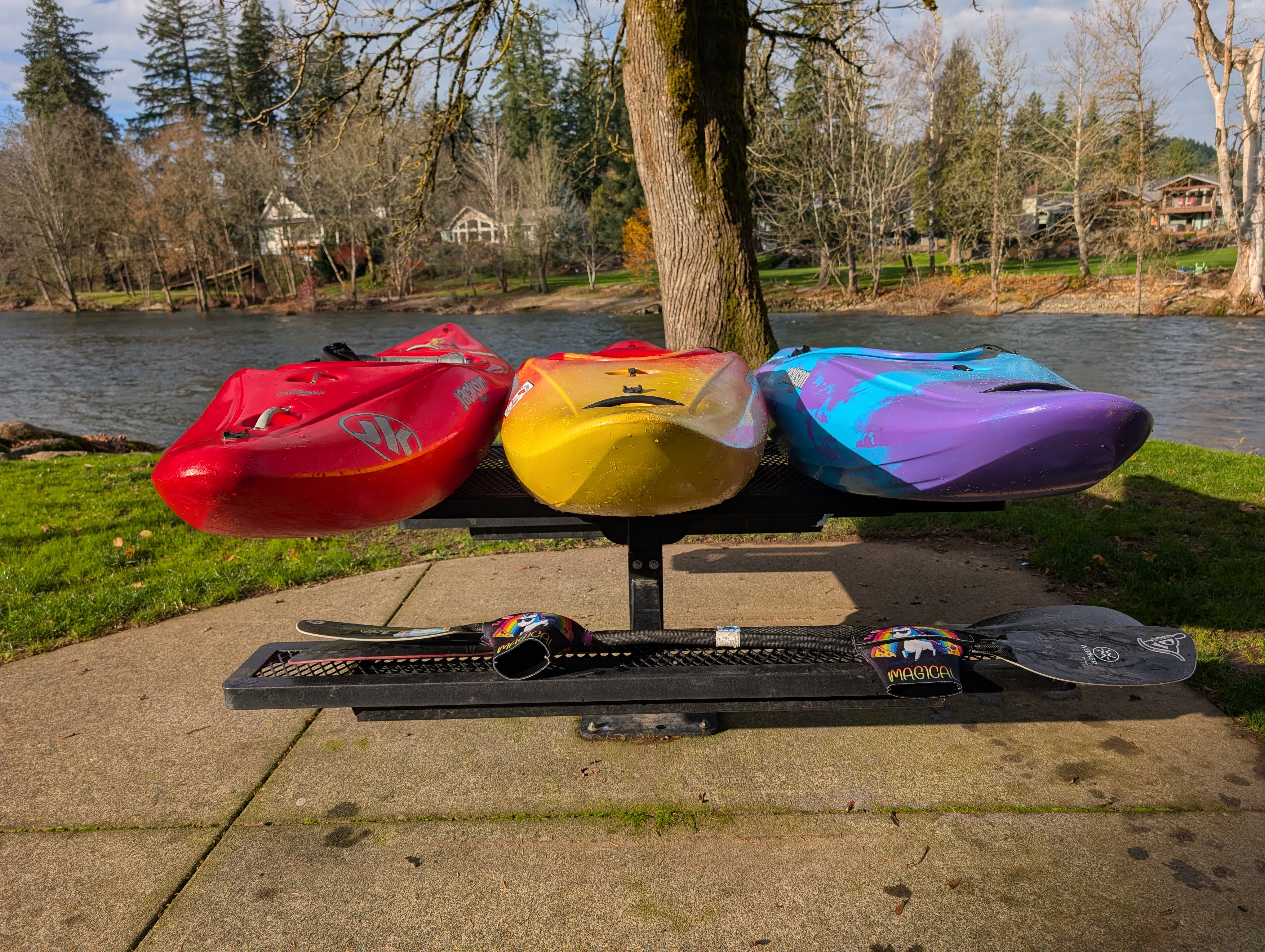 The Jackson Kayak Antix 3, 2 and 1 all lined up as viewed from the bow