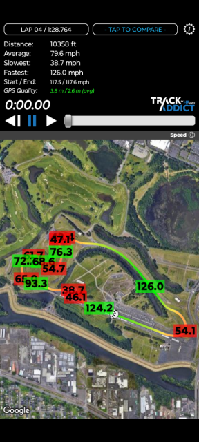 A TrackAddicts 10hz lap data showing various speeds and a lap time of 1:28.764 at PIR in Shred Jesse's C5 Corvette