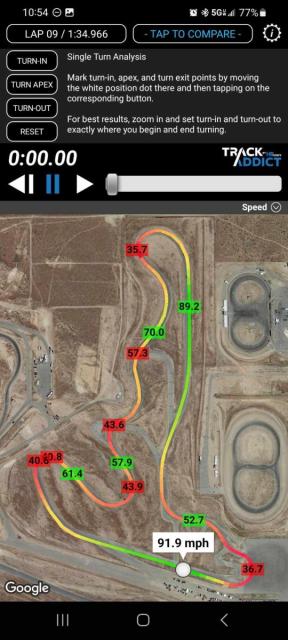 Track addicts lap data of Boh's personal best time running CCW on the first day, a time of 1:34.966