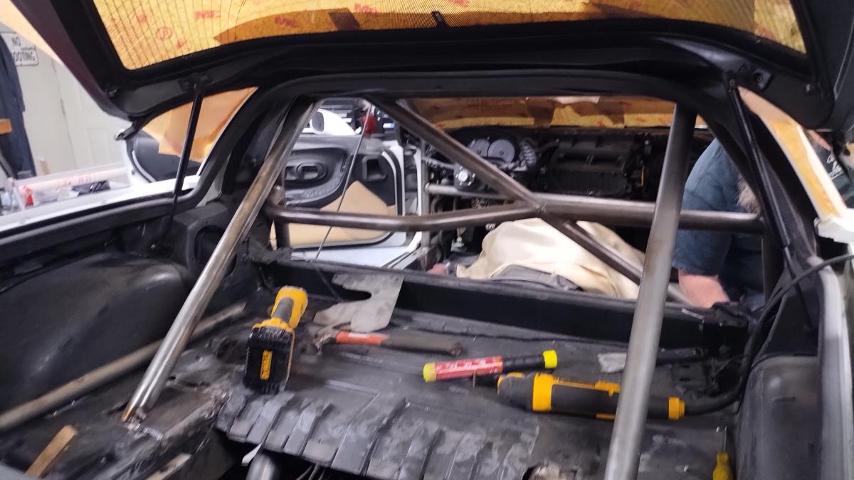 A rear shot of the C5 Corvette Trackspec Rollcage during installation, so the rear bars are in place but the x-member is not. Also please note, we do not recommend taking this approach and would later revise our approach on this.