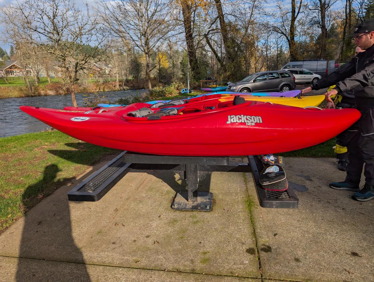 A shot of the Jackson Antix kayaks all lined up from the side, this time going Antix 1 first, Antix 2 second Antix 3 last.